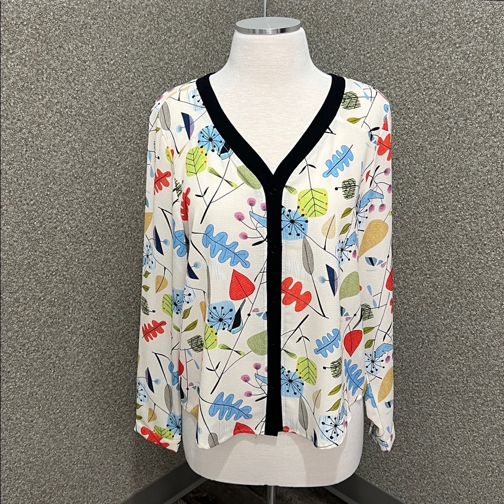 Isle by Melis Kozan Colorful Floral Long Sleeve Black V-Neck Blouse Size Small